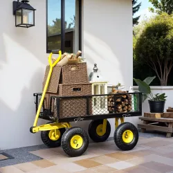 Carro de Jardín Carga 200 kg con Paneles Laterales Desmontables y 4 Ruedas Neumáticas Negro y Amarillo - Ogal.Es