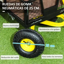 Carro de Jardín Carga 200 kg con Paneles Laterales Desmontables y 4 Ruedas Neumáticas Negro y Amarillo - Ogal.Es