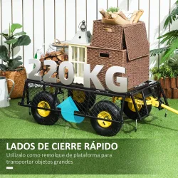 Carro de Jardín Carga 200 kg con Paneles Laterales Desmontables y 4 Ruedas Neumáticas Negro y Amarillo - Ogal.Es