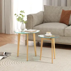 Set de 2 Mesas Auxiliares Modernas de Ø50x45 cm y Ø40x40 cm con Encimera de Vidrio Templado y Estructura de Acero - Ogal.Es