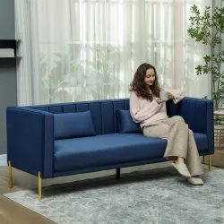 Sofá de 3 Plazas con Tapizado Aterciopelado Estructura Reforzada y Patas Doradas para Salón 194,5x76x76 cm Azul ... - Ogal.Es