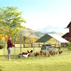 Gallinero Metálico de Exterior de 3x6m con Percha Multiusos Comedero Colgante Tipo Brocheta y Lona Protectora Re... - Ogal.Es