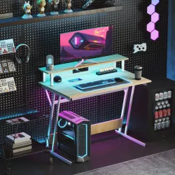 Escritorio Gaming con Luces LED 100x60 cm omas de Corriente Soporte para Monitor Estantes y Control Remoto Natural - Ogal.Es