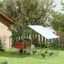 Gallinero Metálico de Exterior de 3x2m con Percha Multiusos Comedero Colgante Tipo Brocheta y Lona Protectora Re... - Ogal.Es