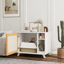 Mueble Arenero para Gatos con Puerta de Sisal Mesa Auxiliar Estante y Alfombrilla Antiarena 77x50x63 cm Blanco - Ogal.Es