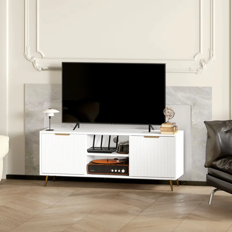 Mueble de TV con 2 Compartimentos Abiertos y 2 Puertas Mueble para Televisión de 55 Pulgadas 120x35x48 cm Blanco - Ogal.Es