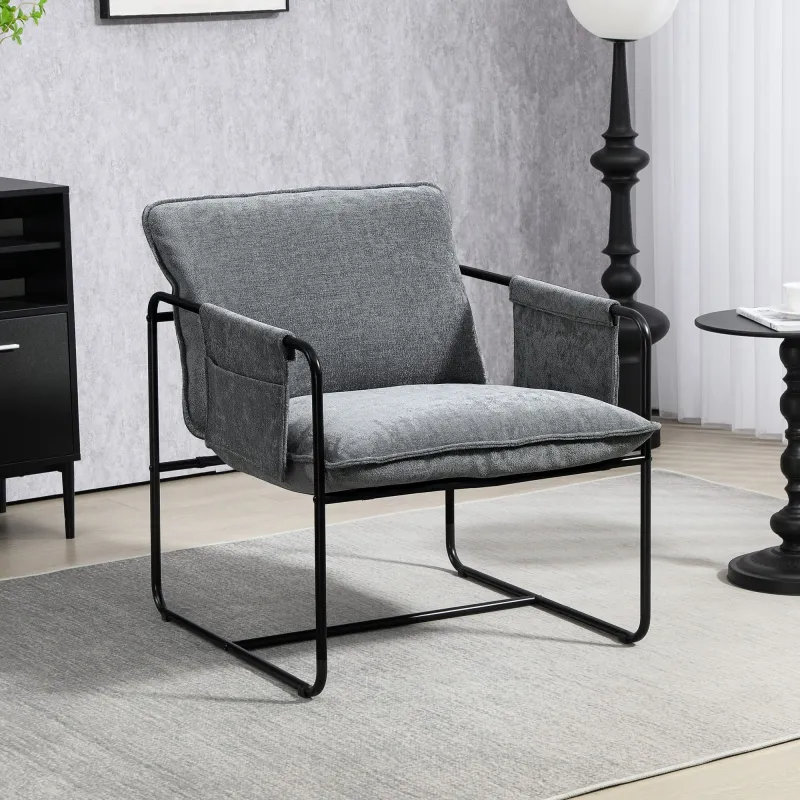 Butaca Moderna para Relax con Tapizado en Chenilla Estructura de Acero y Reposabrazos con Bolsillos 68x76x81 cm ... - Ogal.Es