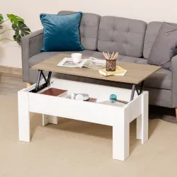 Mesa de Centro Elevable con Encimera Elevable con Espacio Oculto de Almacenaje 100x50x45-58,5 cm Blanco y Natural - Ogal.Es