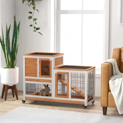 Conejera de Madera de 2 Niveles Jaula para Conejos con Ruedas Rampa y Bandejas Extraíbles 110x50x88cm Natural - Ogal.Es