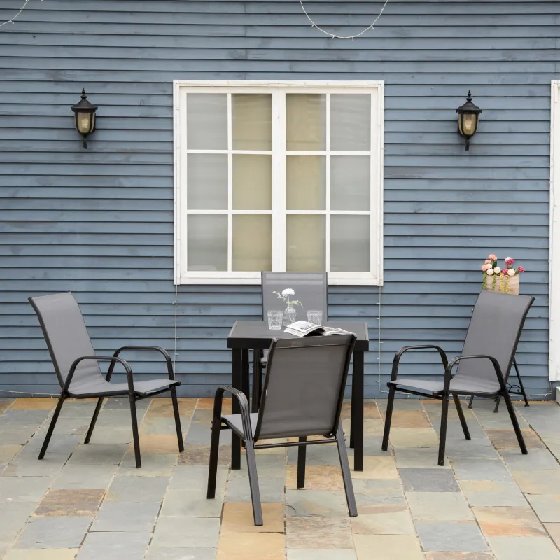 Set de 4 Sillas de Exterior Apilables con Asiento de Textilene para Jardín Terraza 54x75,5x95 cm Gris Oscuro - Ogal.Es
