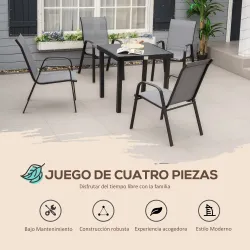 Set de 4 Sillas de Exterior Apilables con Asiento de Textilene para Jardín Terraza 54x75,5x95 cm Gris Oscuro - Ogal.Es