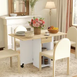 Mesa de Cocina Plegable con Ruedas Alas Abatibles Cajón y Estantes para 2-4 Personas 120x72x75 cm Roble y Blanco - Ogal.Es