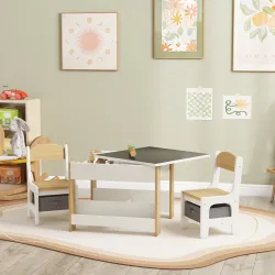 Juego de Mesa con Sillas para Niños 2 en 1 con Pizarra Cajones de Tela y Espacio de Almacenamiento Blanco y Natural - Ogal.Es
