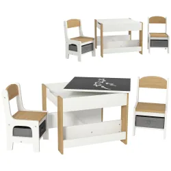 Juego de Mesa con Sillas para Niños 2 en 1 con Pizarra Cajones de Tela y Espacio de Almacenamiento Blanco y Natural - Ogal.Es