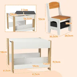 Juego de Mesa con Sillas para Niños 2 en 1 con Pizarra Cajones de Tela y Espacio de Almacenamiento Blanco y Natural - Ogal.Es