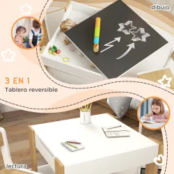 Juego de Mesa con Sillas para Niños 2 en 1 con Pizarra Cajones de Tela y Espacio de Almacenamiento Blanco y Natural - Ogal.Es
