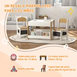 Juego de Mesa con Sillas para Niños 2 en 1 con Pizarra Cajones de Tela y Espacio de Almacenamiento Blanco y Natural - Ogal.Es