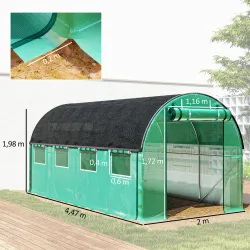 Invernadero de Túnel 4,5x2x2 m con Cubierta PE 140 g/m² Paredes Laterales Enrollables 8 Ventanas y 2 Puertas Verde - Ogal.Es