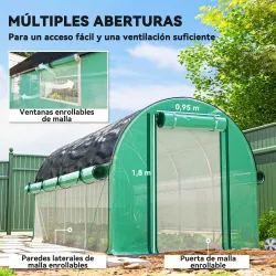Invernadero de Túnel 4,5x2x2 m con Cubierta PE 140 g/m² Paredes Laterales Enrollables 8 Ventanas y 2 Puertas Verde - Ogal.Es