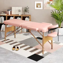 Camilla de Masaje Plegable con Reposacabezas Extraíble Asa Marco de Madera y Altura Regulable 210x81x67-92 cm Rosa - Ogal.Es