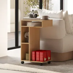 Mesa Auxiliar para Sofá Mesa Auxiliar en Forma de C con Ruedas Compartimentos Abiertos 40x30x69 cm Roble - Ogal.Es