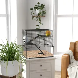 Jaula de Hámster con Fondo de Vidrio Plataformas Cuenco Bebedero Casita Rampas y Rueda de Ejercicio 60x40x54,5 c... - Ogal.Es