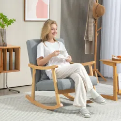 Silla Mecedora con Cojín Lumbar Respaldo Amplio y Base de Madera para Salón o Dormitorio 65x87x84 cm Gris Claro - Ogal.Es