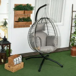 Silla Colgante con Soporte Cesta Plegable Cojín y Reposacabezas para Interior y Exterior Carga 120 kg Gris y Negro - Ogal.Es