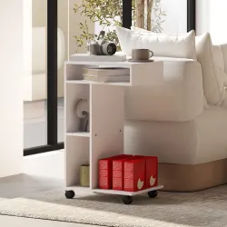Mesa Auxiliar para Sofá Mesa Auxiliar en Forma de C con Ruedas Compartimentos Abiertos 40x30x69 cm Blanco - Ogal.Es