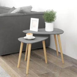 Juego de 2 Mesas Auxiliares Mesas Nido con Patas de Madera 59,5x39,5x45 cm y 44,5x28,5x40 cm Gris y Natural - Ogal.Es