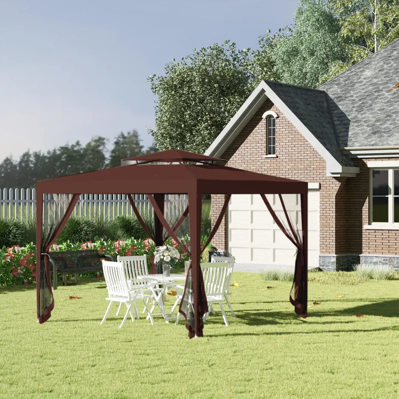 Carpa de Jardín 3x3 m Cenador Gazebo con 4 Mosquiteras Laterales Techo Doble 8 Orificios de Drenaje Marco de Met... - Ogal.Es