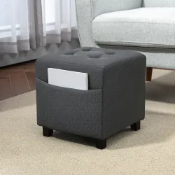 Reposapiés de Salón Taburete Bajo Tapizado en Lino con Bolsillo Lateral y Tapa con Botones Acolchados Gris - Ogal.Es