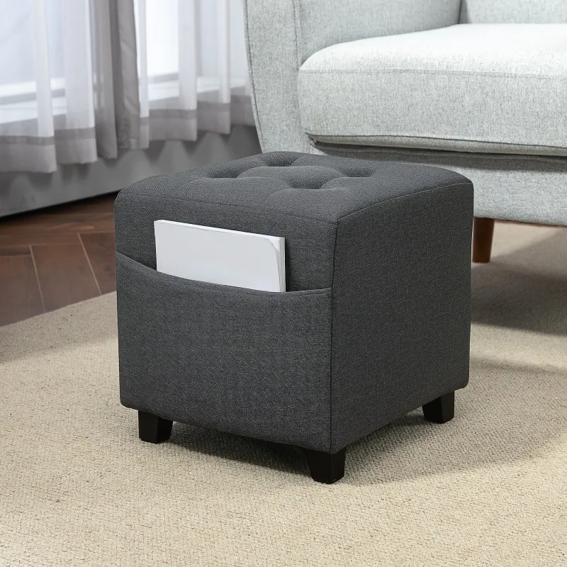 Reposapiés de Salón Taburete Bajo Tapizado en Lino con Bolsillo Lateral y Tapa con Botones Acolchados Gris - Ogal.Es