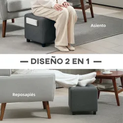 Reposapiés de Salón Taburete Bajo Tapizado en Lino con Bolsillo Lateral y Tapa con Botones Acolchados Gris - Ogal.Es
