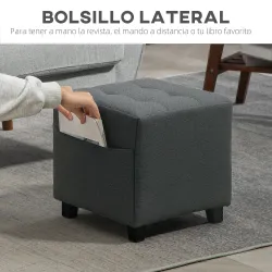 Reposapiés de Salón Taburete Bajo Tapizado en Lino con Bolsillo Lateral y Tapa con Botones Acolchados Gris - Ogal.Es