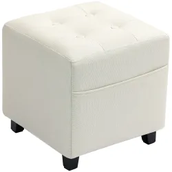 Reposapiés de Salón Taburete Bajo Tapizado en Lino con Bolsillo Lateral y Tapa con Botones Acolchados Crema - Ogal.Es