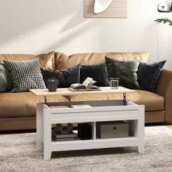 Mesa de Centro Elevable con Encimera Elevable y Espacio Oculto de Almacenaje 105x50x49 cm Blanco y Natural - Ogal.Es
