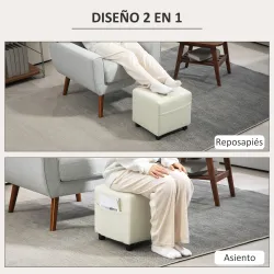 Reposapiés de Salón Taburete Bajo Tapizado en Lino con Bolsillo Lateral y Tapa con Botones Acolchados Crema - Ogal.Es