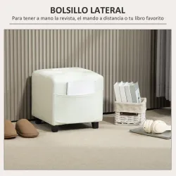 Reposapiés de Salón Taburete Bajo Tapizado en Lino con Bolsillo Lateral y Tapa con Botones Acolchados Crema - Ogal.Es