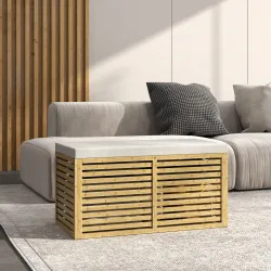 Baúl de Almacenaje 122L Tapizado en Lino Sintético con Cojín Marco de Bambú 90x42x43 cm Gris y Natural - Ogal.Es