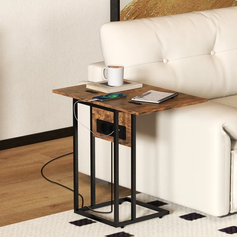 Mesa Auxiliar para Sofá con Encimera Plegable Estación de Carga y Patas Ajustables para Espacios Pequeños Marrón - Ogal.Es