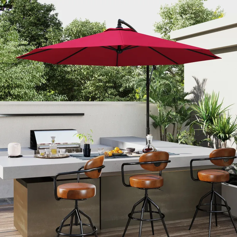 Sombrilla de Jardín Ø295 cm Parasol Excéntrico Inclinable con Manivela Base Cruzada y Soporte de Acero Granate - Ogal.Es