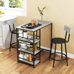 Conjunto de Mesa de Bar con 2 Taburetes Estantes Laterales Asiento Acolchado y Barra para Descanso de Pies Gris ... - Ogal.Es