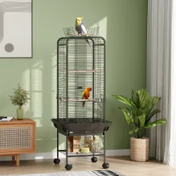 Jaula para Loros con Ruedas Perchas Comederos Estante y Bandeja Extraíble 62,5x62,5x146 cm Gris Oscuro - Ogal.Es
