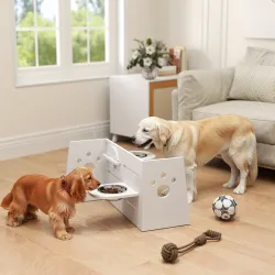 Comedero Elevado Doble para Perros con Altura Ajustable y Sistema de Alimentación Lenta 63x58,5x40 cm Blanco - Ogal.Es