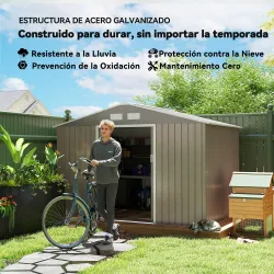 Cobertizo de Jardín 4,9 m² 277x195x192 cm con 2 Puertas Corredizas Techo Inclinado y 4 Ventanas Efecto Madera - Ogal.Es
