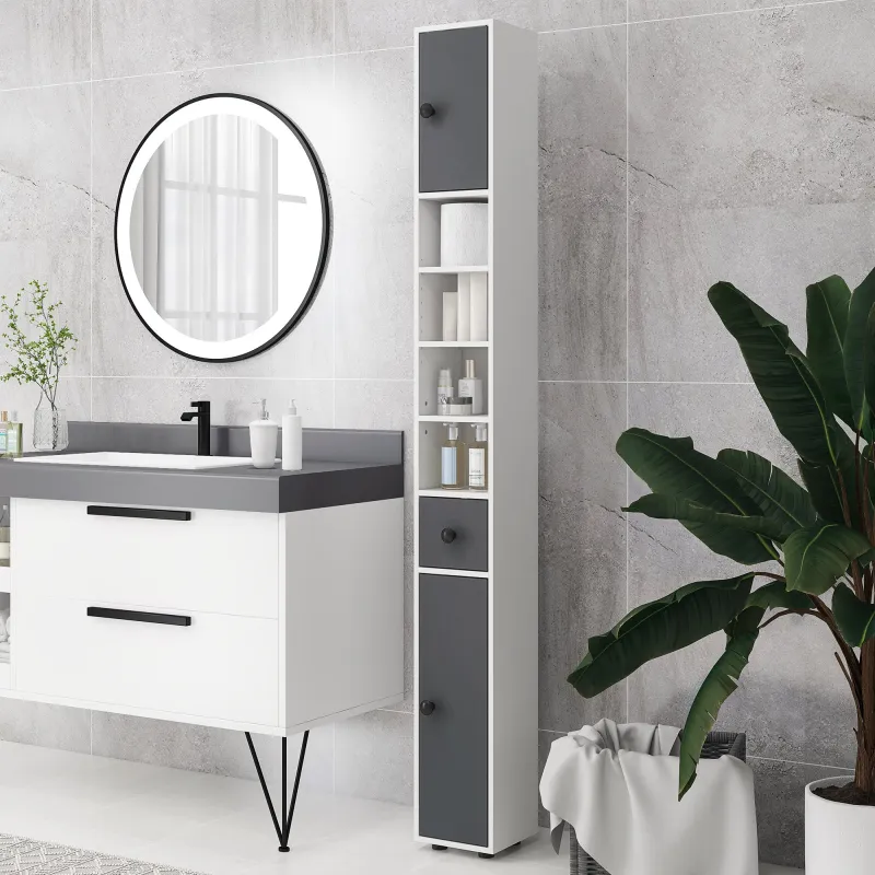 Columna de Baño con 1 Cajón 5 Estantes y 2 Puertas para Salón Dormitorio Carga 30 kg 20x20x180 cm Gris - Ogal.Es