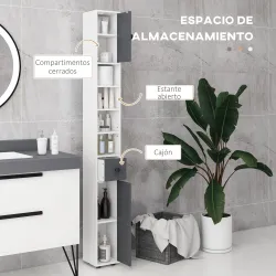Columna de Baño con 1 Cajón 5 Estantes y 2 Puertas para Salón Dormitorio Carga 30 kg 20x20x180 cm Gris - Ogal.Es