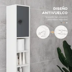 Columna de Baño con 1 Cajón 5 Estantes y 2 Puertas para Salón Dormitorio Carga 30 kg 20x20x180 cm Gris - Ogal.Es