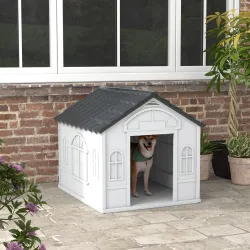 Casa para Perros 84,2x98,2x82 cm con Patrón de Ventana y Techo de Tejas de Imitación para Perros Grandes Gris y ... - Ogal.Es